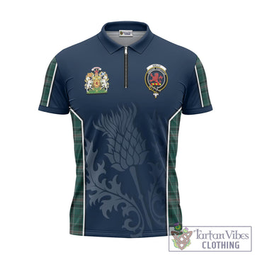 Kelly of Sleat Hunting Tartan Zipper Polo Shirt with Family Crest and Scottish Thistle Vibes Sport Style