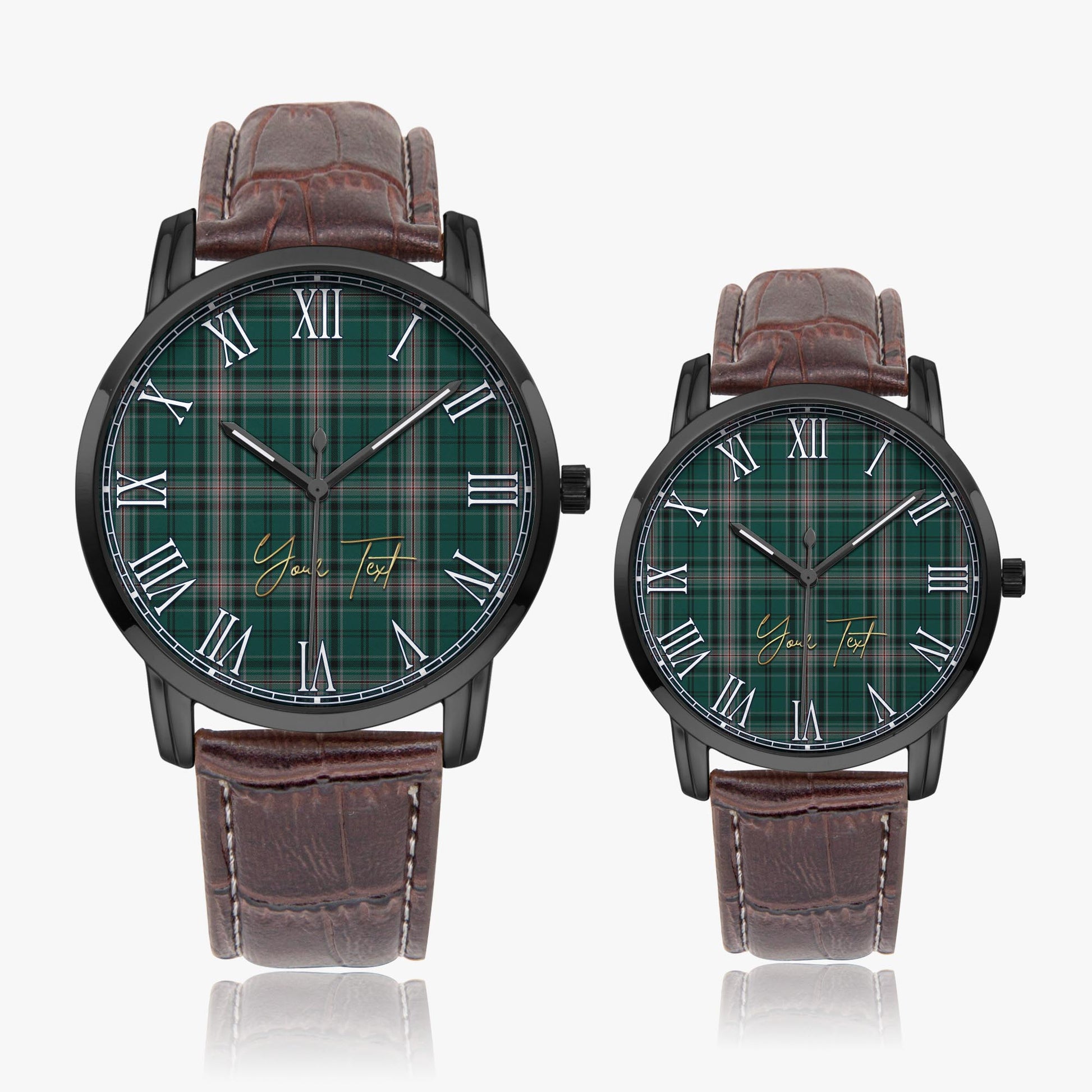 Kelly of Sleat Hunting Tartan Personalized Your Text Leather Trap Quartz Watch Wide Type Black Case With Brown Leather Strap - Tartanvibesclothing
