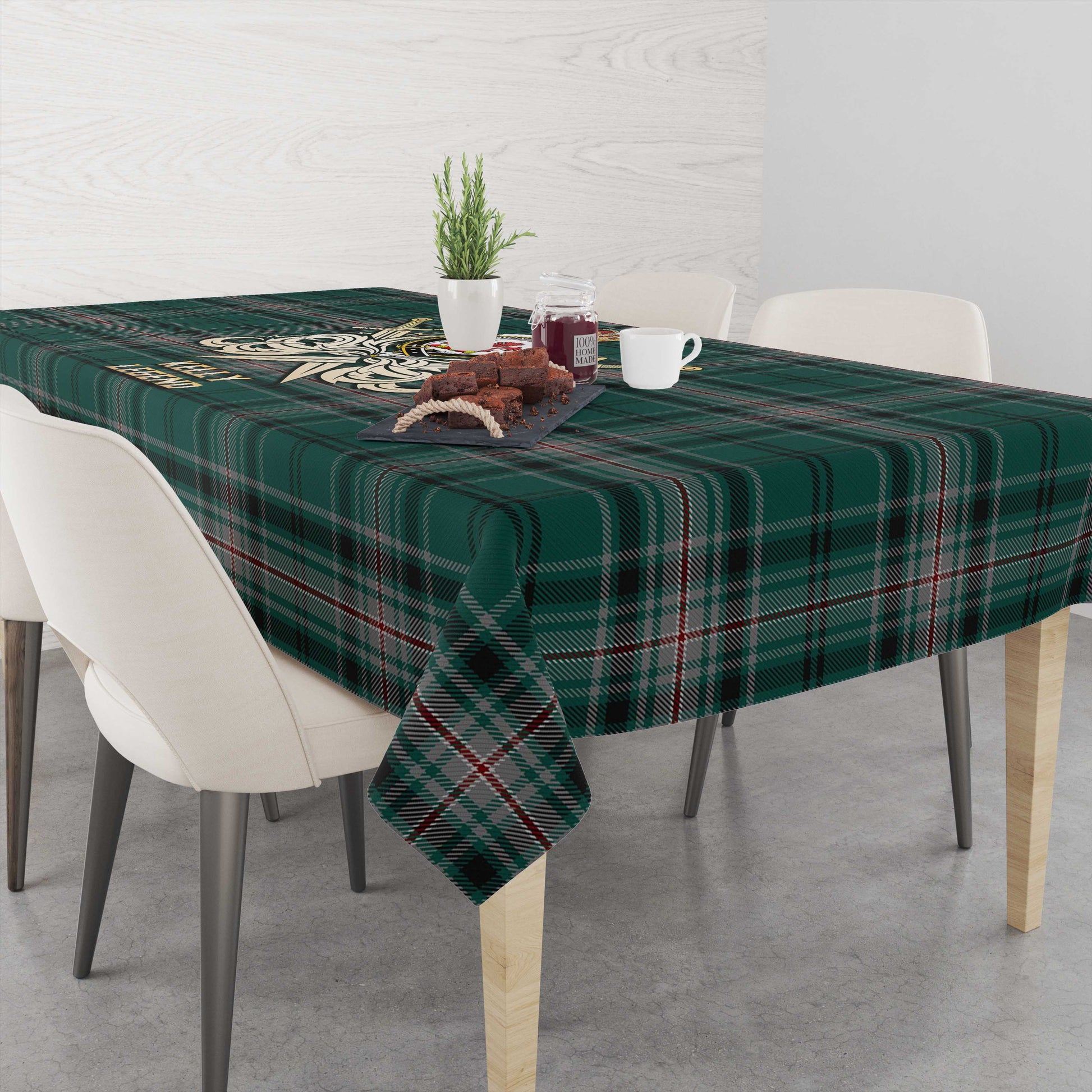 Tartan Vibes Clothing Kelly of Sleat Hunting Tartan Tablecloth with Clan Crest and the Golden Sword of Courageous Legacy