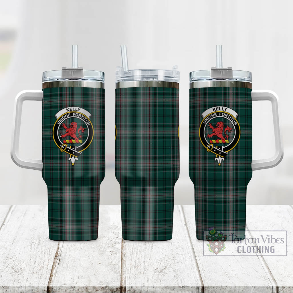 Tartan Vibes Clothing Kelly of Sleat Hunting Tartan and Family Crest Tumbler with Handle