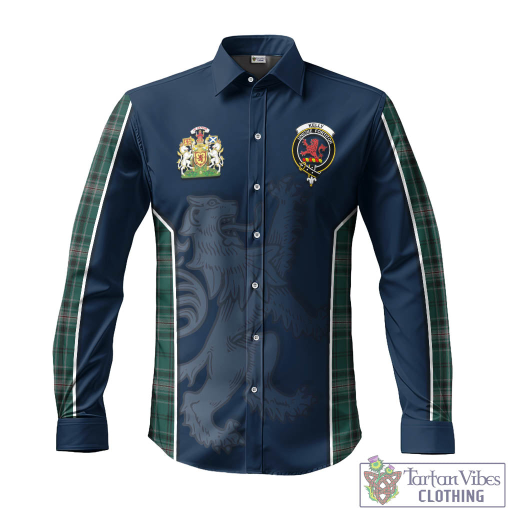 Tartan Vibes Clothing Kelly of Sleat Hunting Tartan Long Sleeve Button Up Shirt with Family Crest and Lion Rampant Vibes Sport Style