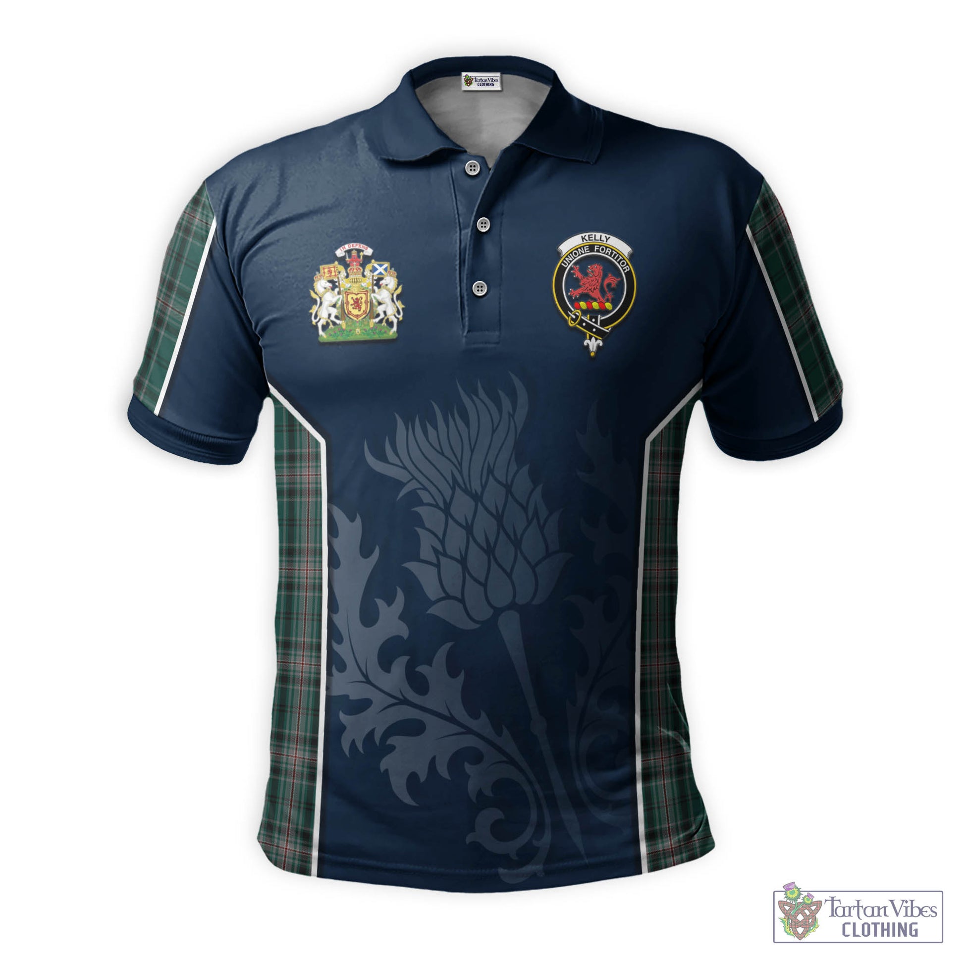 Tartan Vibes Clothing Kelly of Sleat Hunting Tartan Men's Polo Shirt with Family Crest and Scottish Thistle Vibes Sport Style