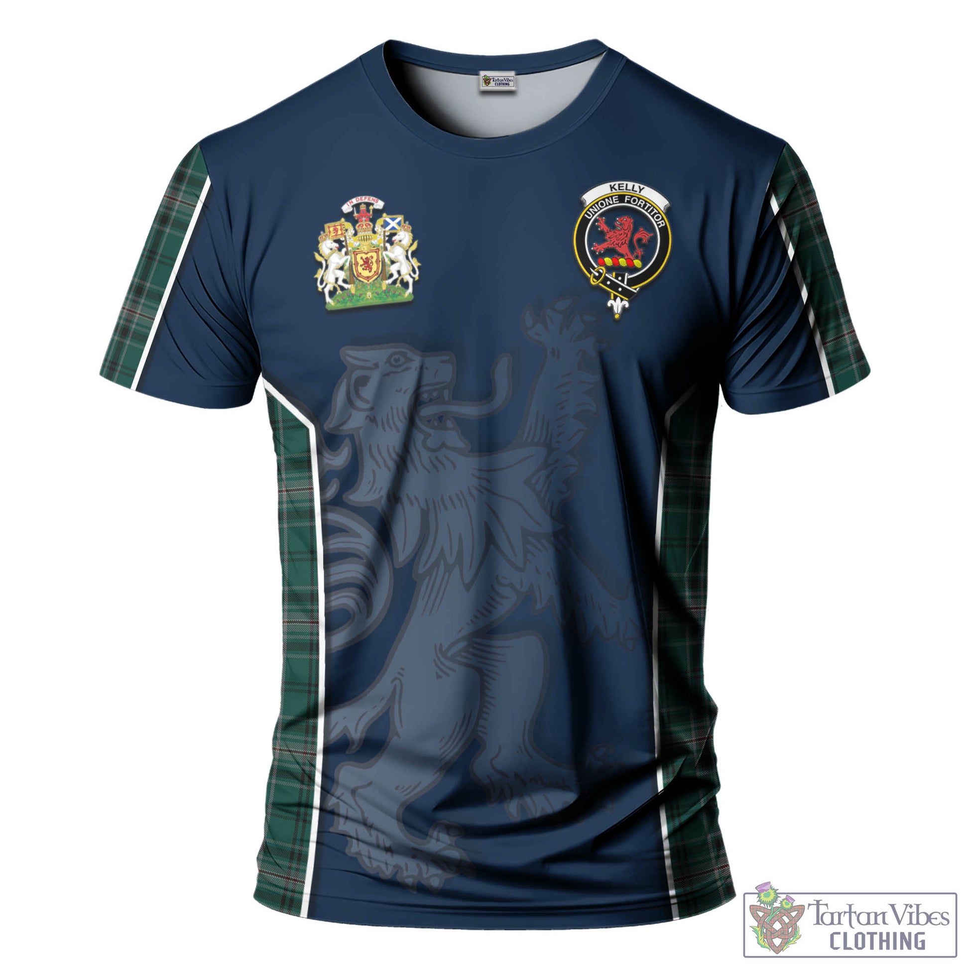 Tartan Vibes Clothing Kelly of Sleat Hunting Tartan T-Shirt with Family Crest and Lion Rampant Vibes Sport Style