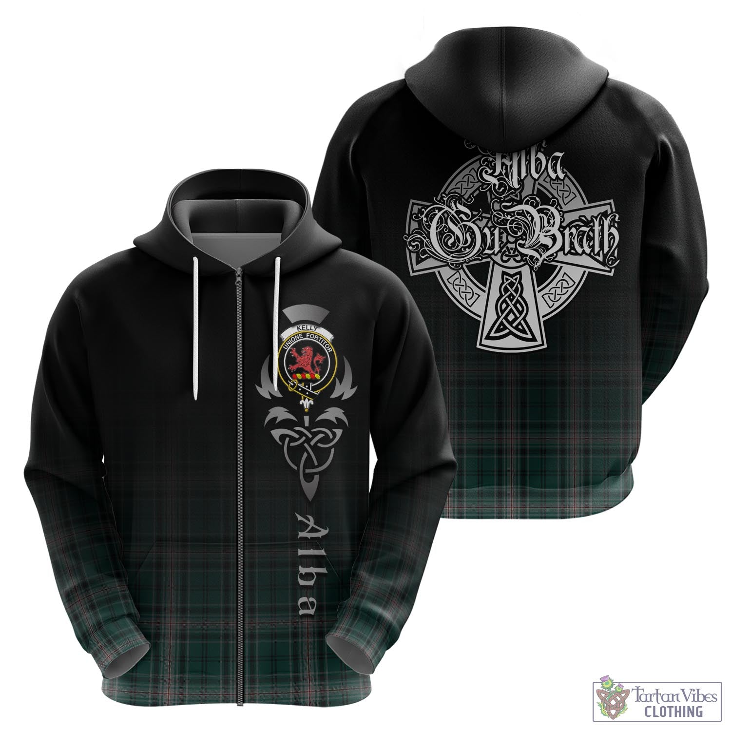 Tartan Vibes Clothing Kelly of Sleat Hunting Tartan Hoodie Featuring Alba Gu Brath Family Crest Celtic Inspired