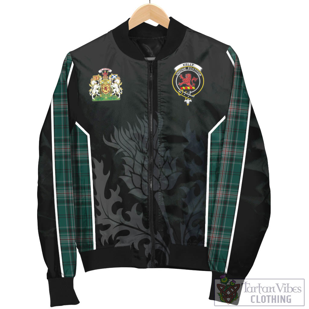 Tartan Vibes Clothing Kelly of Sleat Hunting Tartan Bomber Jacket with Family Crest and Scottish Thistle Vibes Sport Style