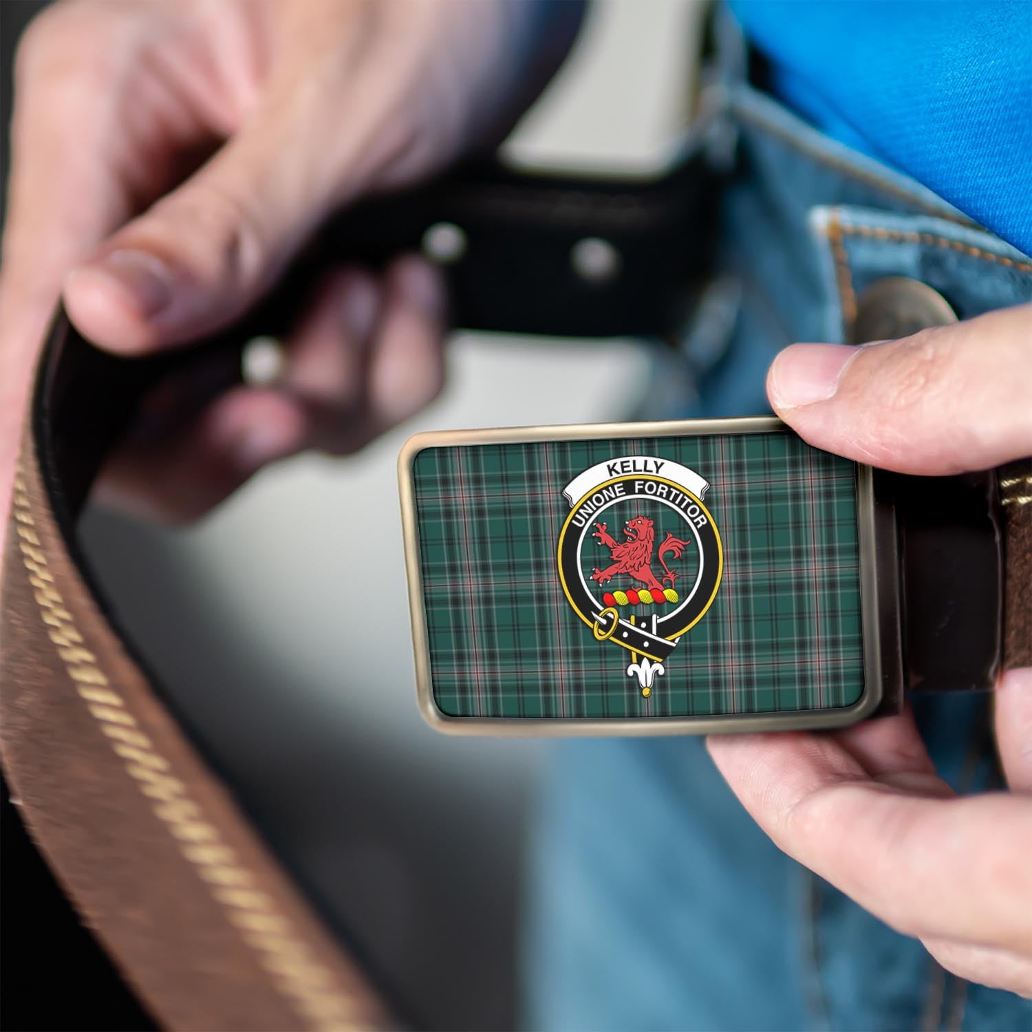 Kelly of Sleat Hunting Tartan Belt Buckles with Family Crest - Tartanvibesclothing
