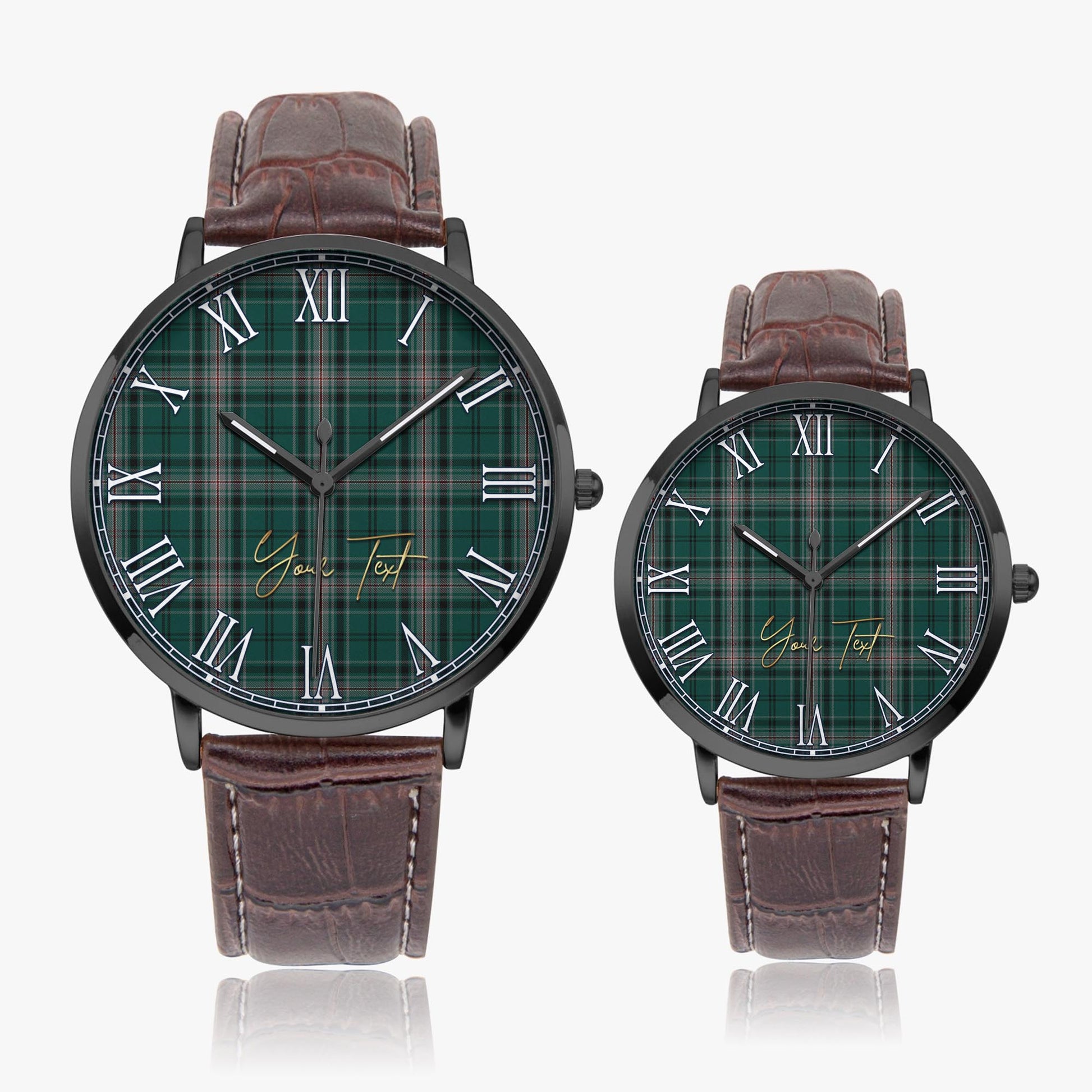 Kelly of Sleat Hunting Tartan Personalized Your Text Leather Trap Quartz Watch Ultra Thin Black Case With Brown Leather Strap - Tartanvibesclothing