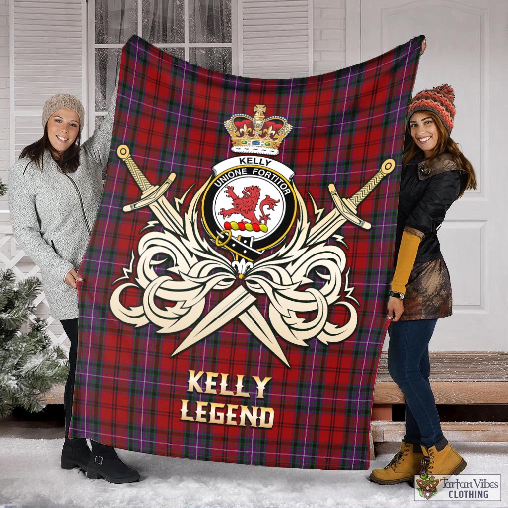 Tartan Vibes Clothing Kelly of Sleat Red Tartan Blanket with Clan Crest and the Golden Sword of Courageous Legacy