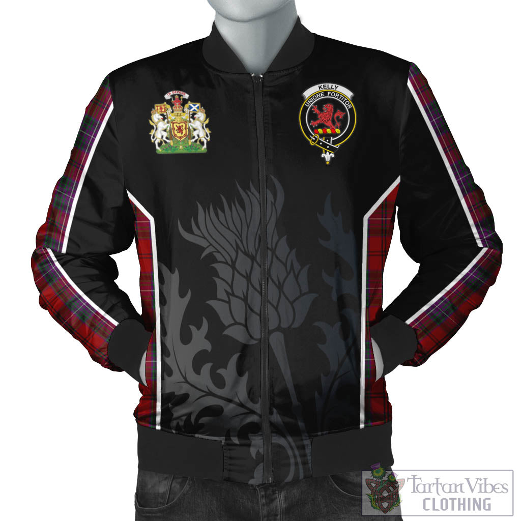 Tartan Vibes Clothing Kelly of Sleat Red Tartan Bomber Jacket with Family Crest and Scottish Thistle Vibes Sport Style