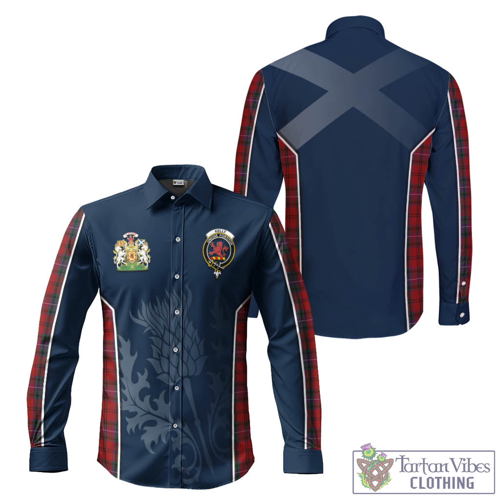 Tartan Vibes Clothing Kelly of Sleat Red Tartan Long Sleeve Button Up Shirt with Family Crest and Scottish Thistle Vibes Sport Style