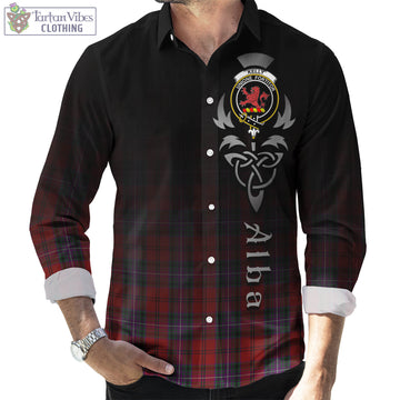 Kelly of Sleat Red Tartan Long Sleeve Button Up Featuring Alba Gu Brath Family Crest Celtic Inspired