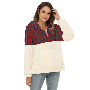 Kelly of Sleat Red Tartan Women's Borg Fleece Hoodie With Half Zip with Family Crest