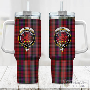 Kelly of Sleat Red Tartan and Family Crest Tumbler with Handle