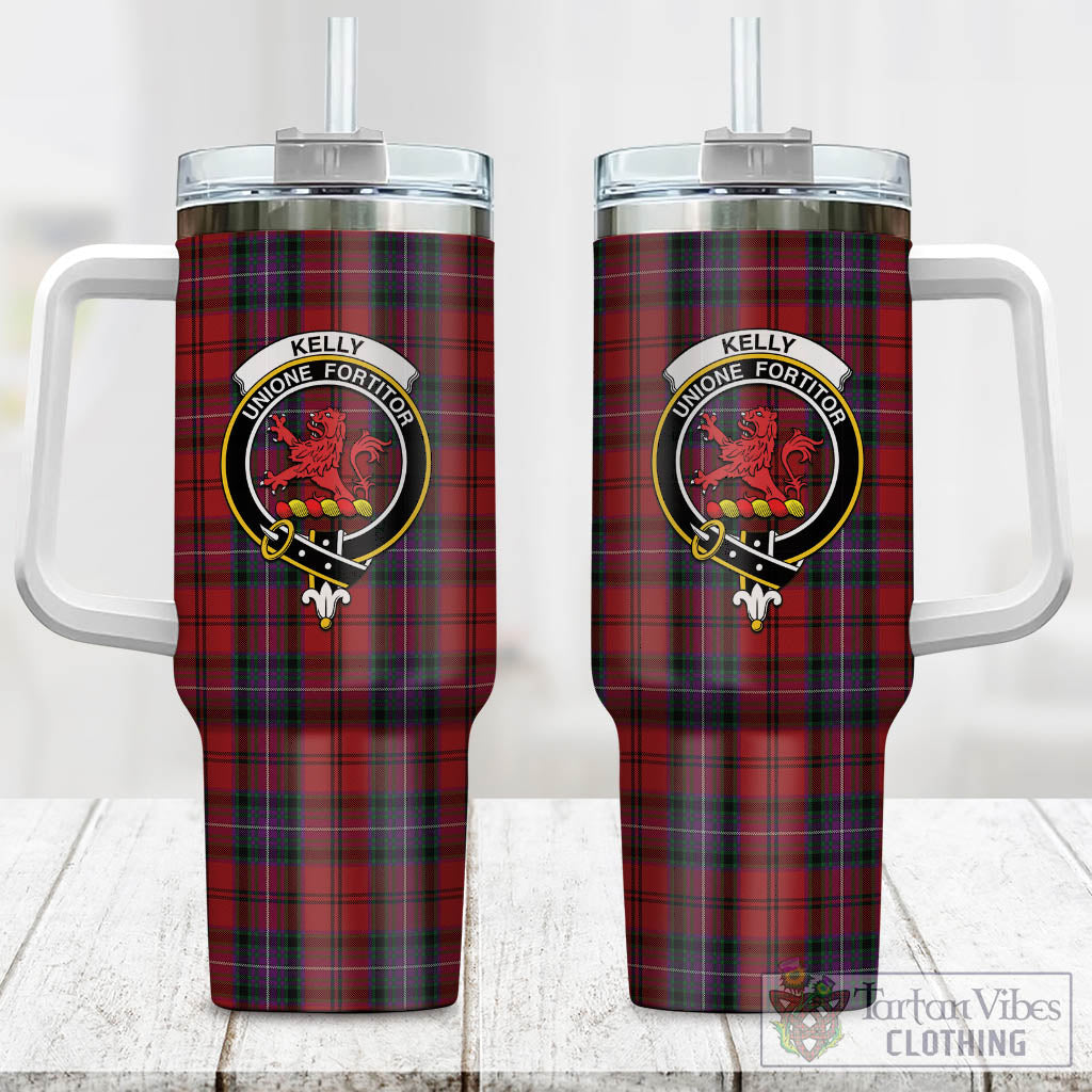 Tartan Vibes Clothing Kelly of Sleat Red Tartan and Family Crest Tumbler with Handle