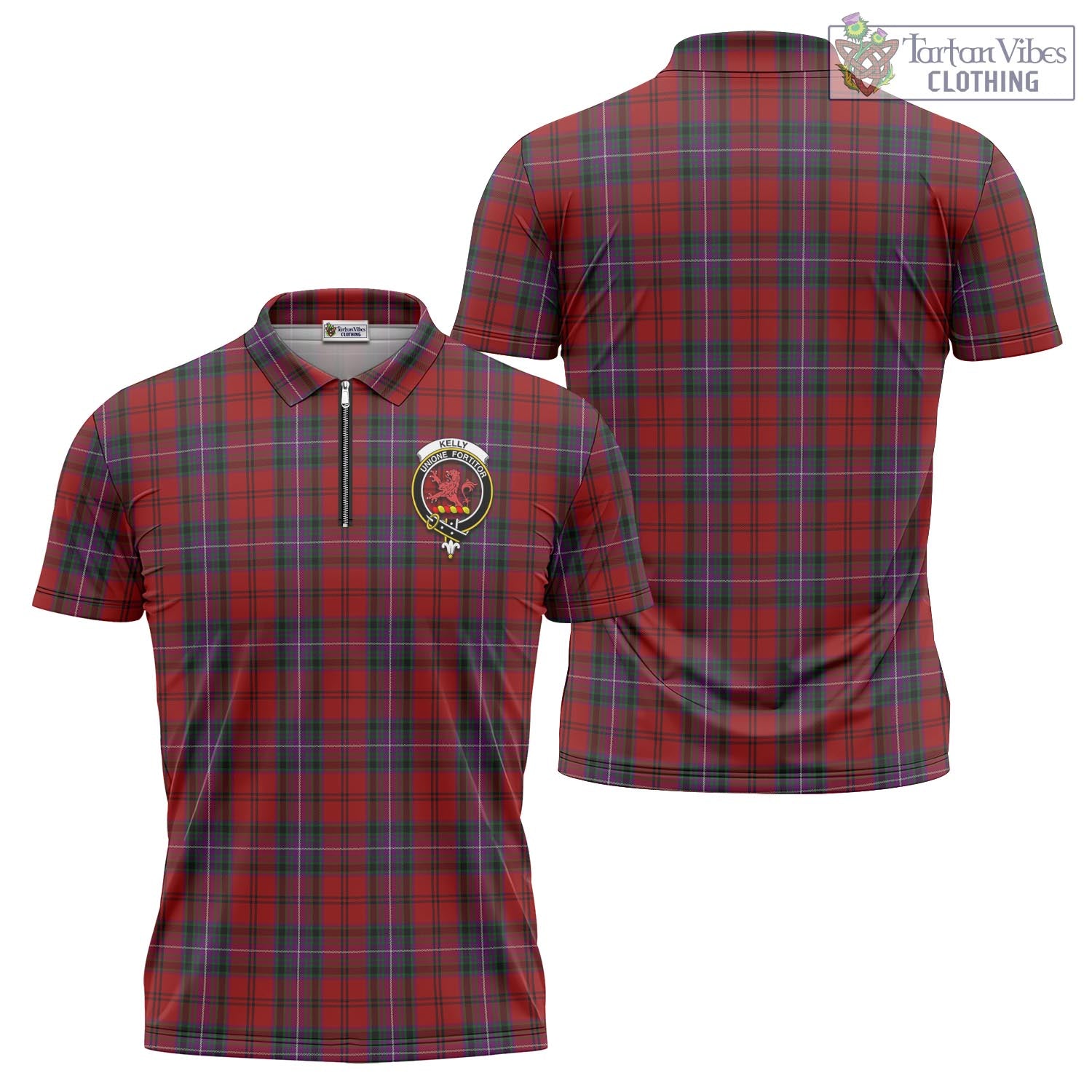 Tartan Vibes Clothing Kelly of Sleat Red Tartan Zipper Polo Shirt with Family Crest
