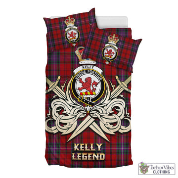 Kelly of Sleat Red Tartan Bedding Set with Clan Crest and the Golden Sword of Courageous Legacy