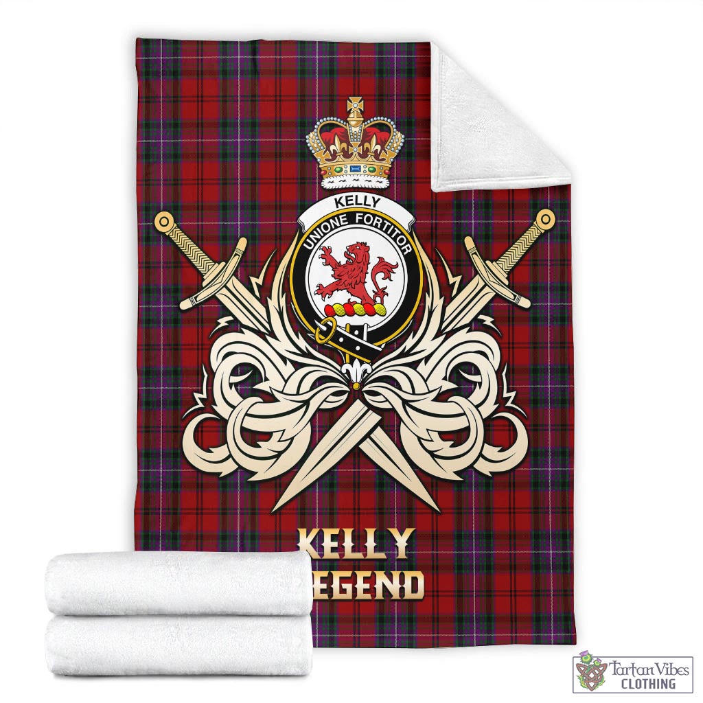 Tartan Vibes Clothing Kelly of Sleat Red Tartan Blanket with Clan Crest and the Golden Sword of Courageous Legacy