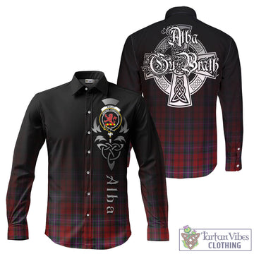 Kelly of Sleat Red Tartan Long Sleeve Button Up Featuring Alba Gu Brath Family Crest Celtic Inspired