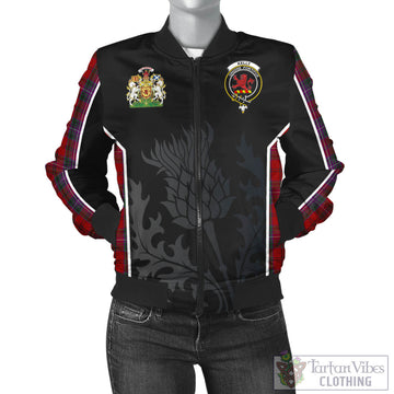 Kelly of Sleat Red Tartan Bomber Jacket with Family Crest and Scottish Thistle Vibes Sport Style