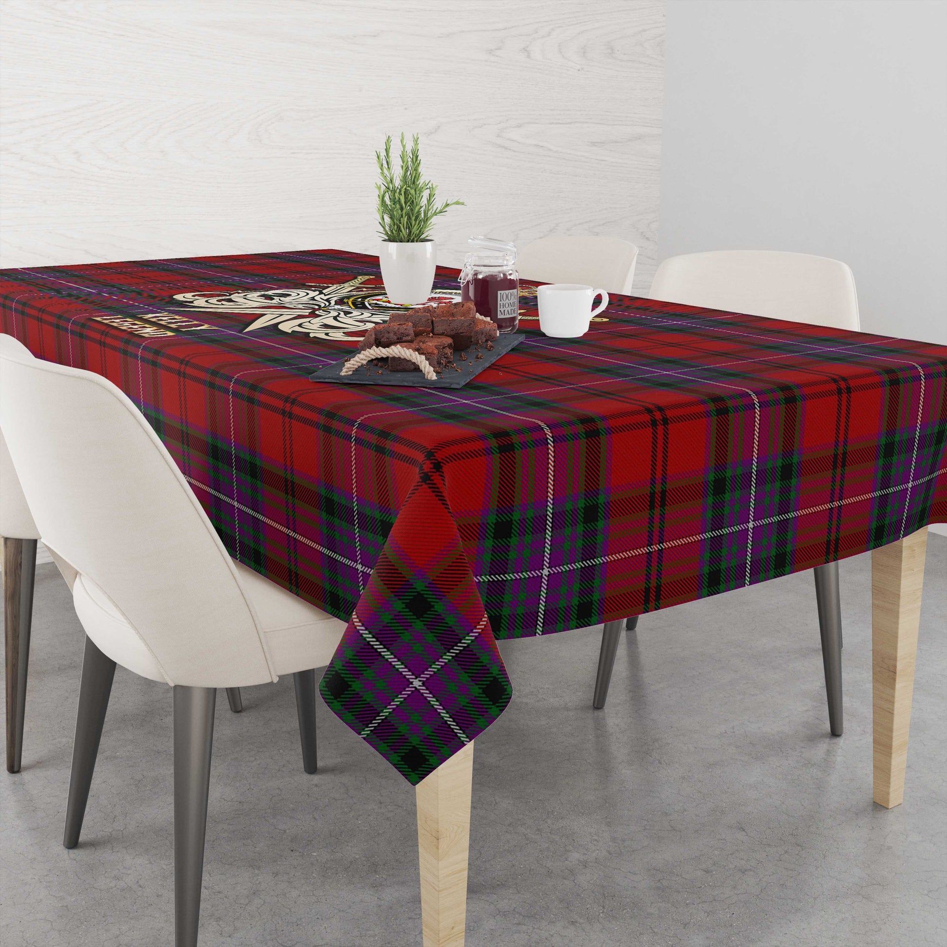 Tartan Vibes Clothing Kelly of Sleat Red Tartan Tablecloth with Clan Crest and the Golden Sword of Courageous Legacy