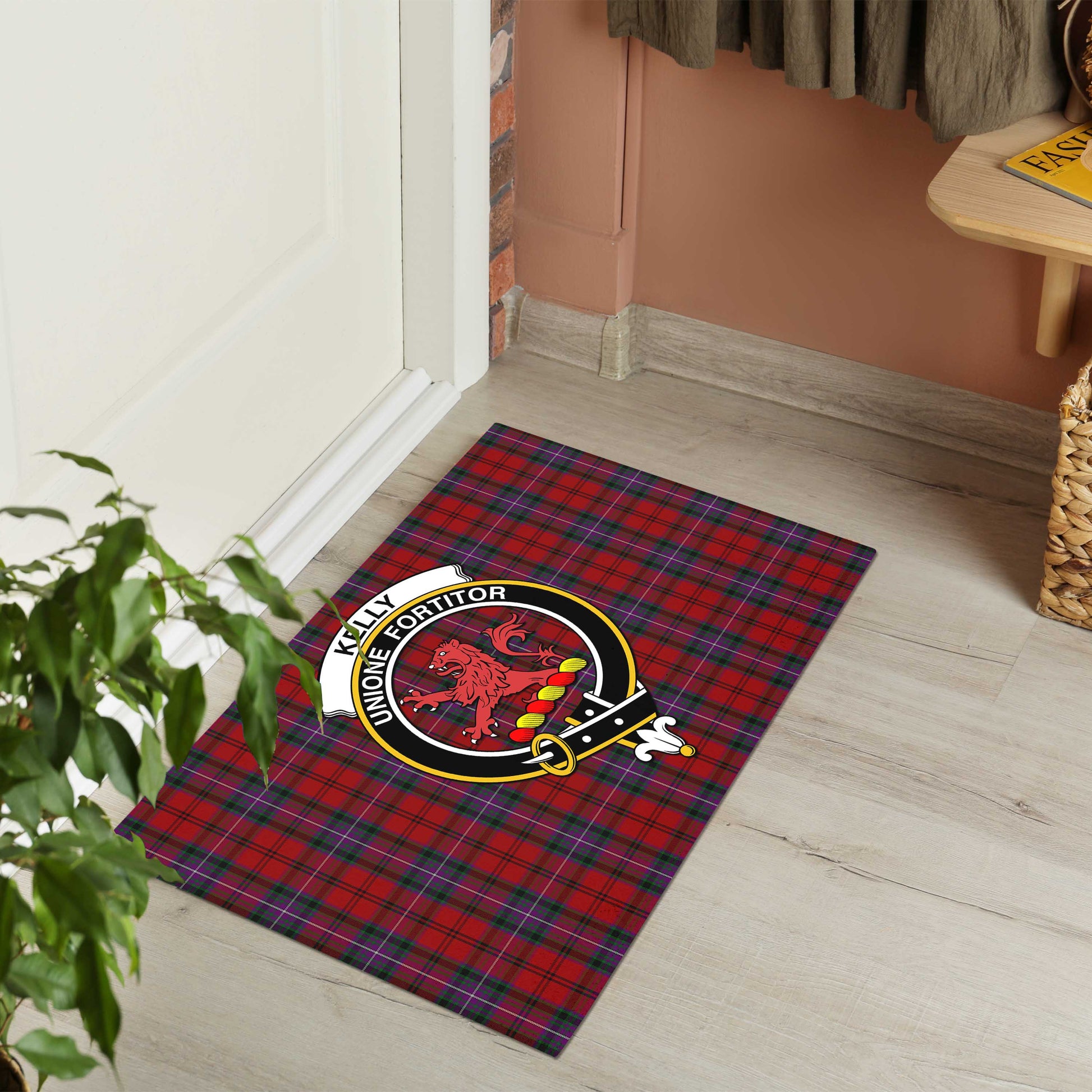 Kelly of Sleat Red Tartan Door Mat with Family Crest - Tartanvibesclothing