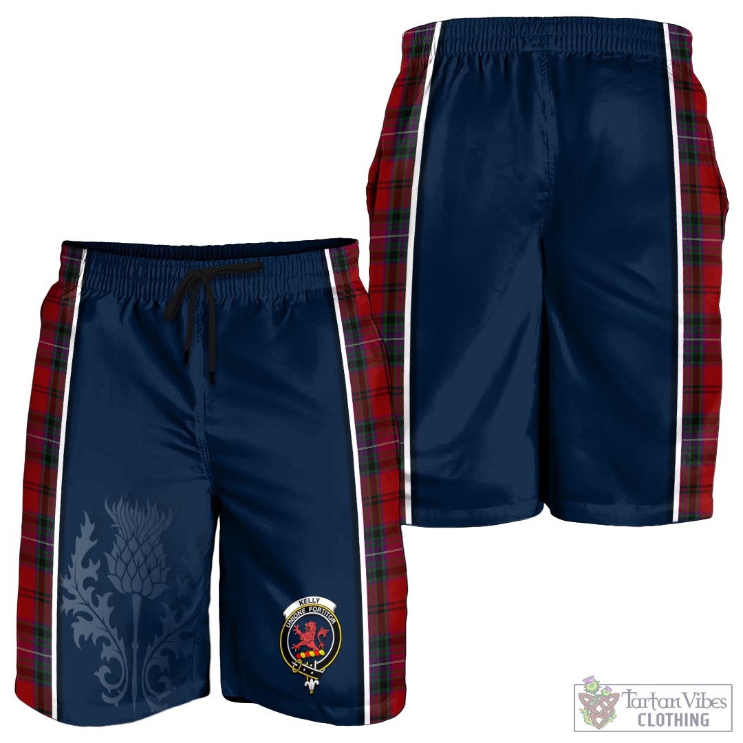 Tartan Vibes Clothing Kelly of Sleat Red Tartan Men's Shorts with Family Crest and Scottish Thistle Vibes Sport Style