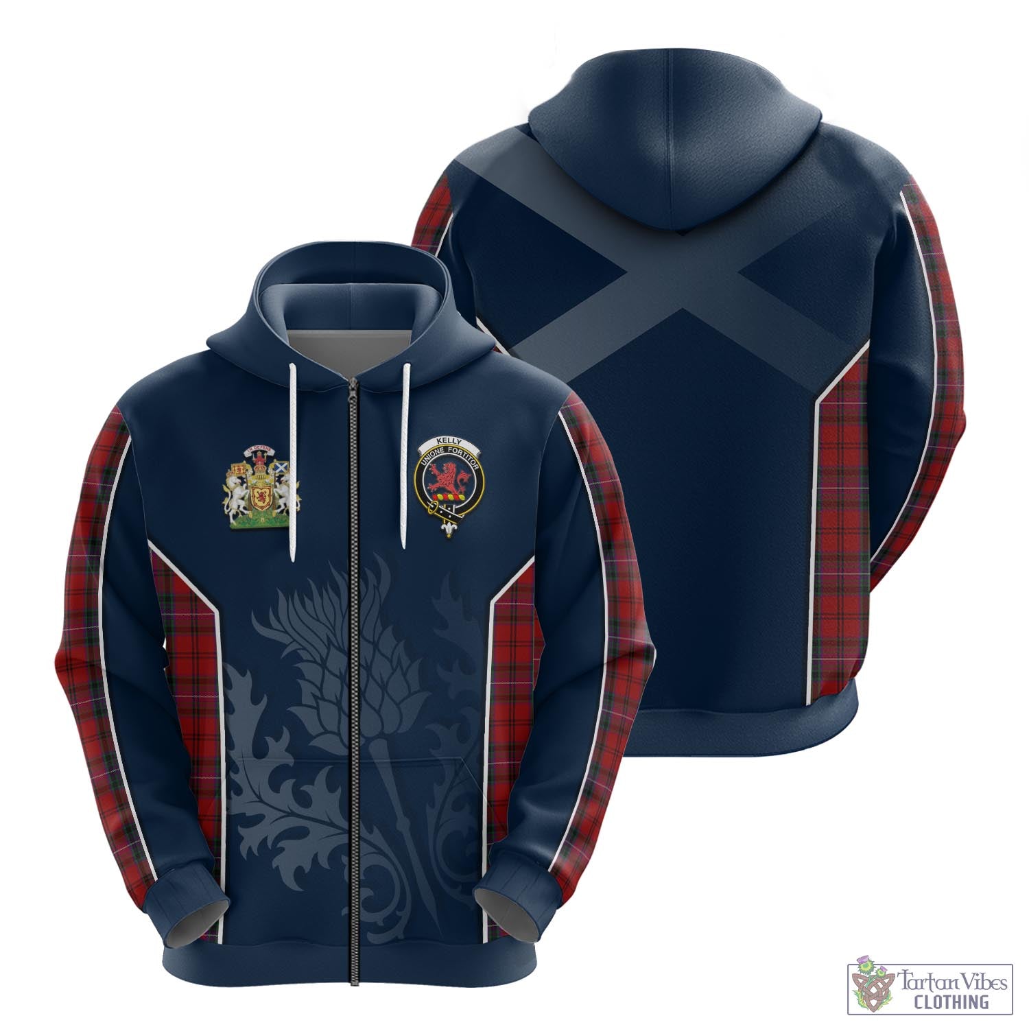 Tartan Vibes Clothing Kelly of Sleat Red Tartan Hoodie with Family Crest and Scottish Thistle Vibes Sport Style