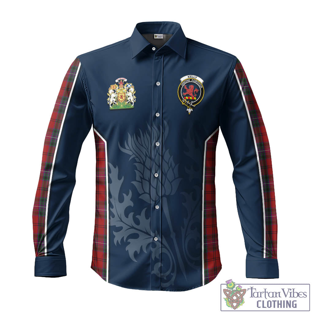 Tartan Vibes Clothing Kelly of Sleat Red Tartan Long Sleeve Button Up Shirt with Family Crest and Scottish Thistle Vibes Sport Style