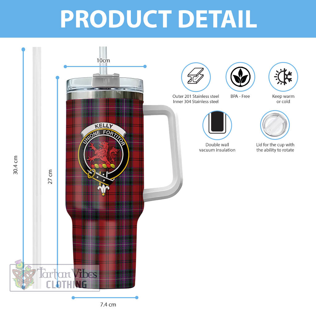 Tartan Vibes Clothing Kelly of Sleat Red Tartan and Family Crest Tumbler with Handle