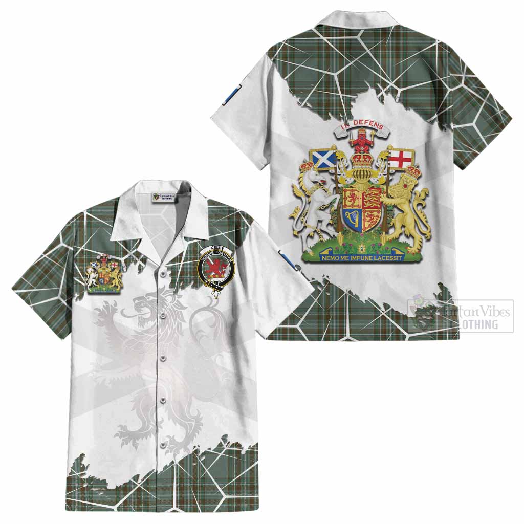 Kelly Tartan Cotton Hawaiian Shirt with Family Crest and Lion Rampant Grunge Style