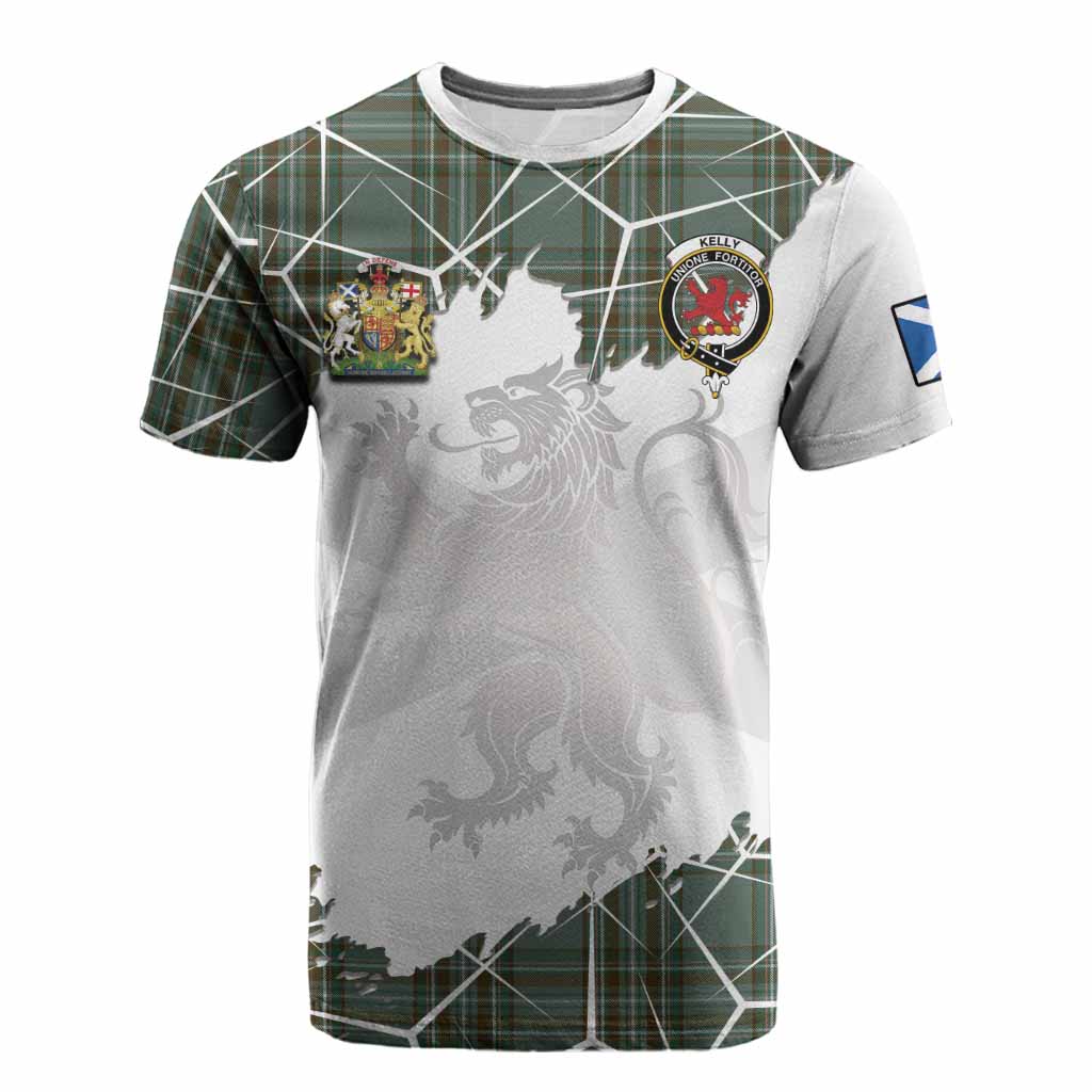 Kelly Tartan Cotton T-shirt with Family Crest and Lion Rampant Grunge Style