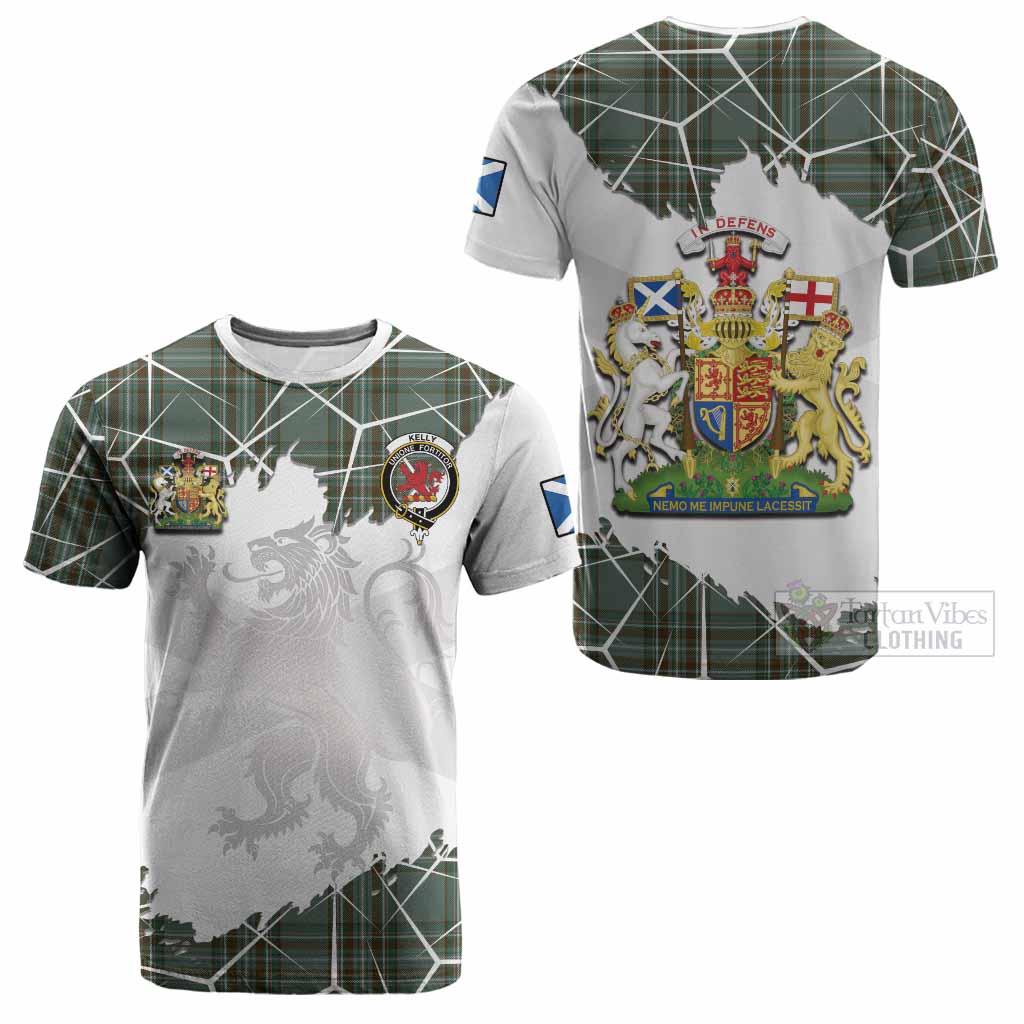 Kelly Tartan Cotton T-shirt with Family Crest and Lion Rampant Grunge Style