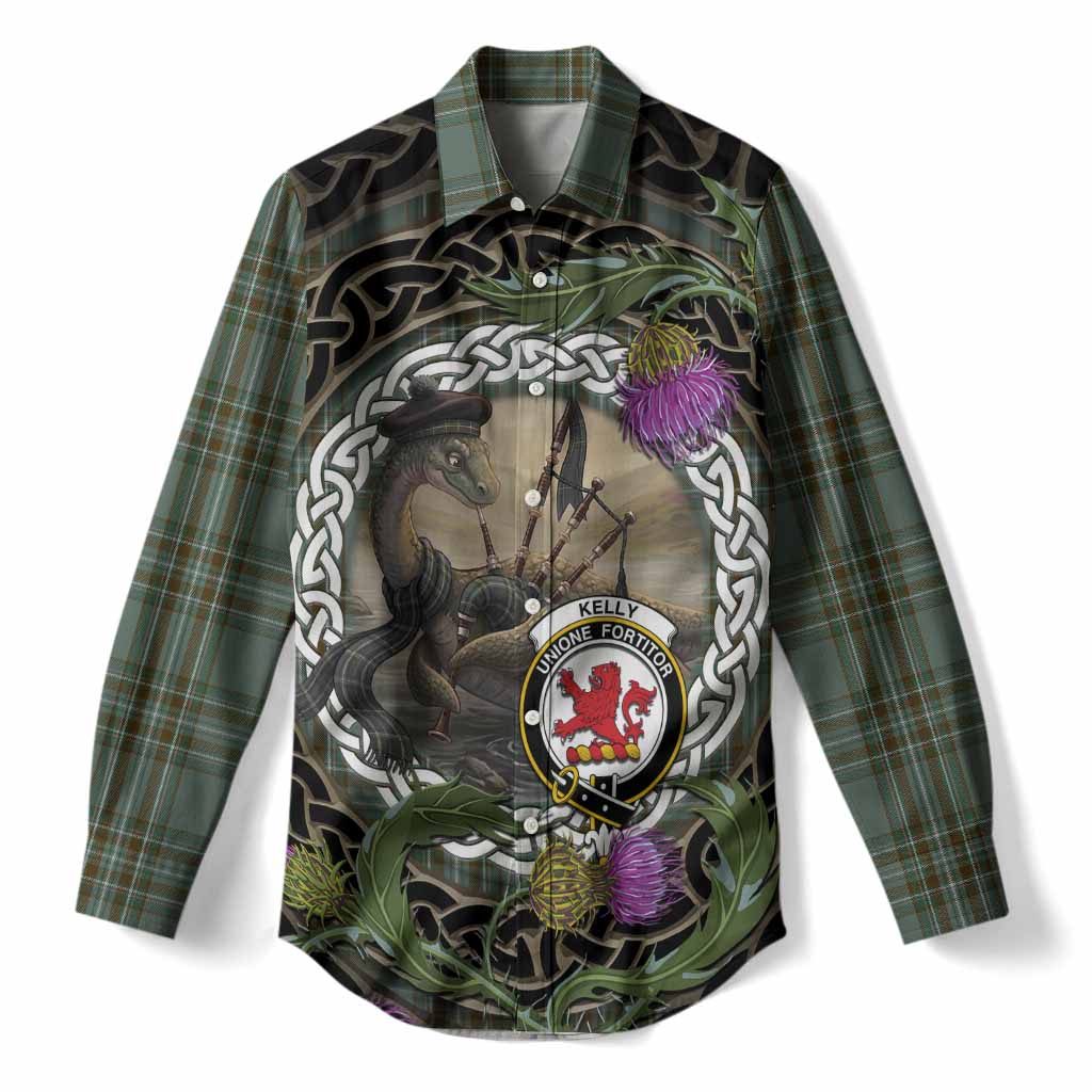 Kelly Tartan Crest Bagpipe Nessie Women Casual Shirt Scottish Loch Ness Monster Celtic Thistle