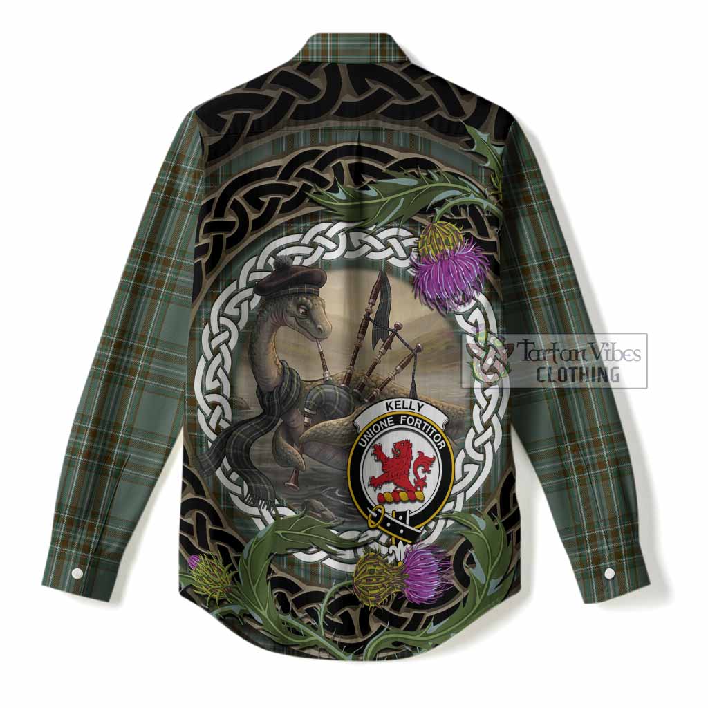 Kelly Tartan Crest Bagpipe Nessie Women Casual Shirt Scottish Loch Ness Monster Celtic Thistle