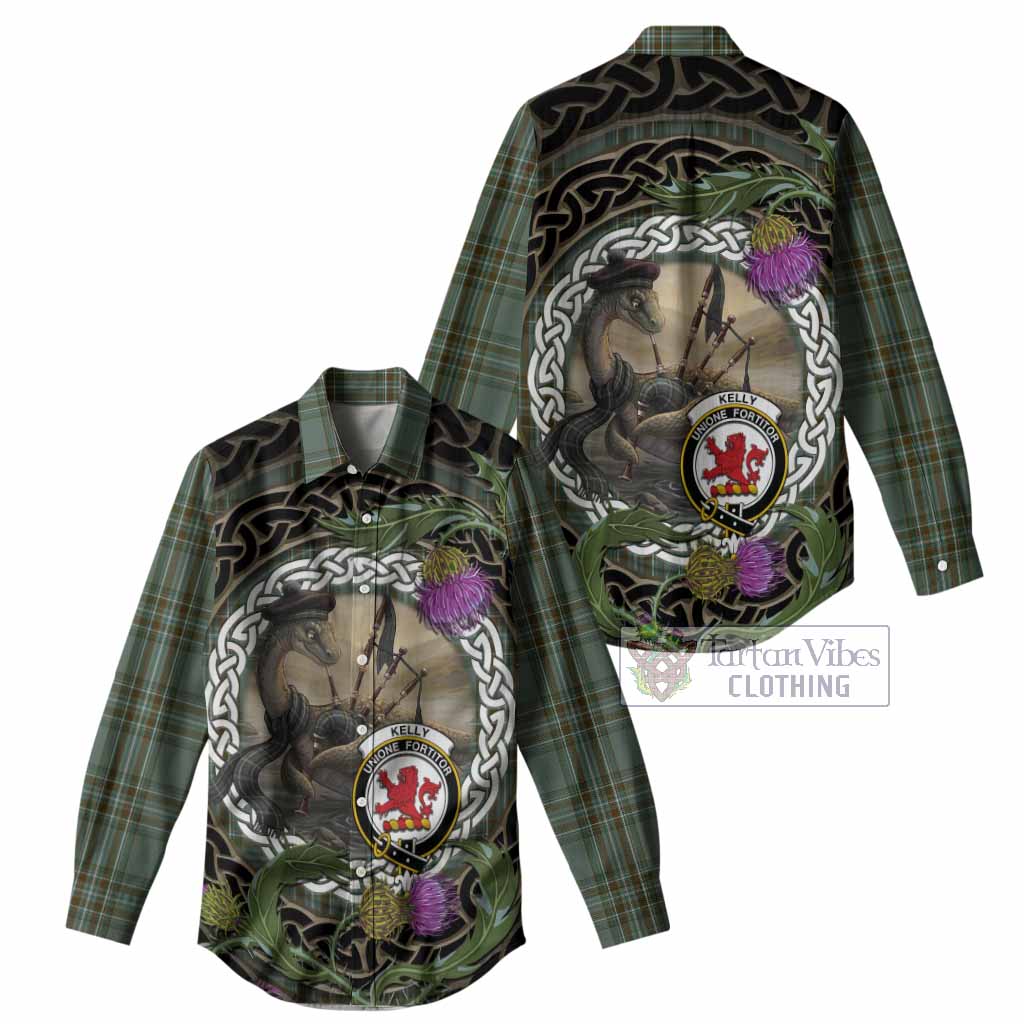 Kelly Tartan Crest Bagpipe Nessie Women Casual Shirt Scottish Loch Ness Monster Celtic Thistle