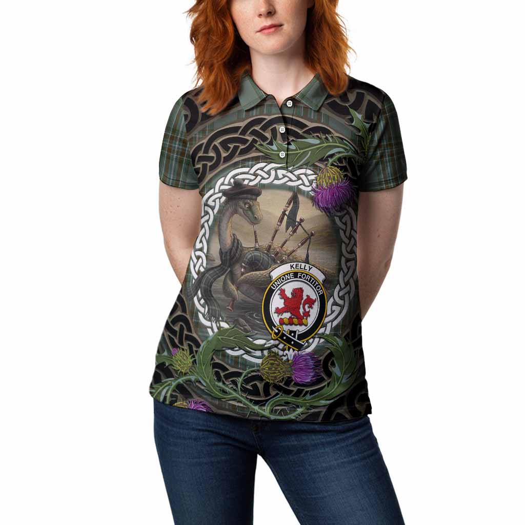 Kelly Tartan Crest Bagpipe Nessie Women Polo Shirt Scottish Loch Ness Monster Celtic Thistle