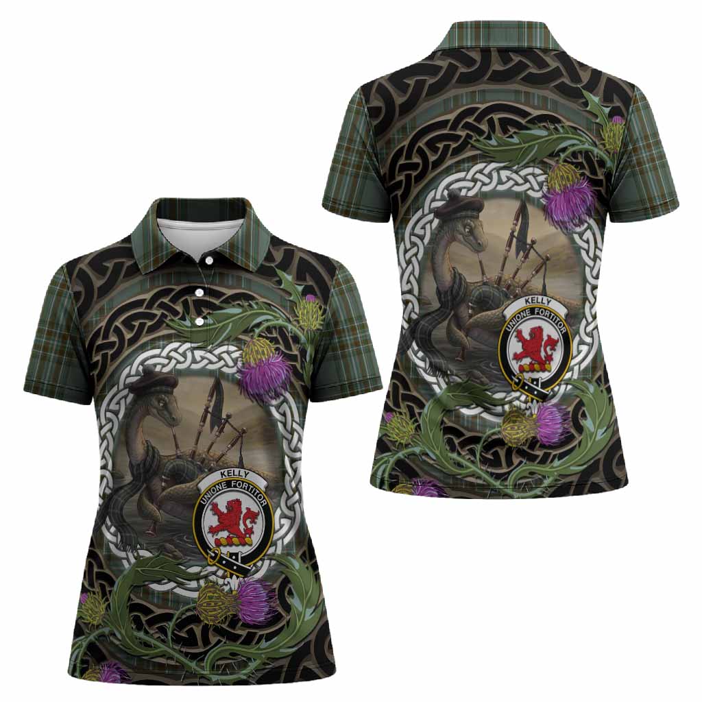 Kelly Tartan Crest Bagpipe Nessie Women Polo Shirt Scottish Loch Ness Monster Celtic Thistle