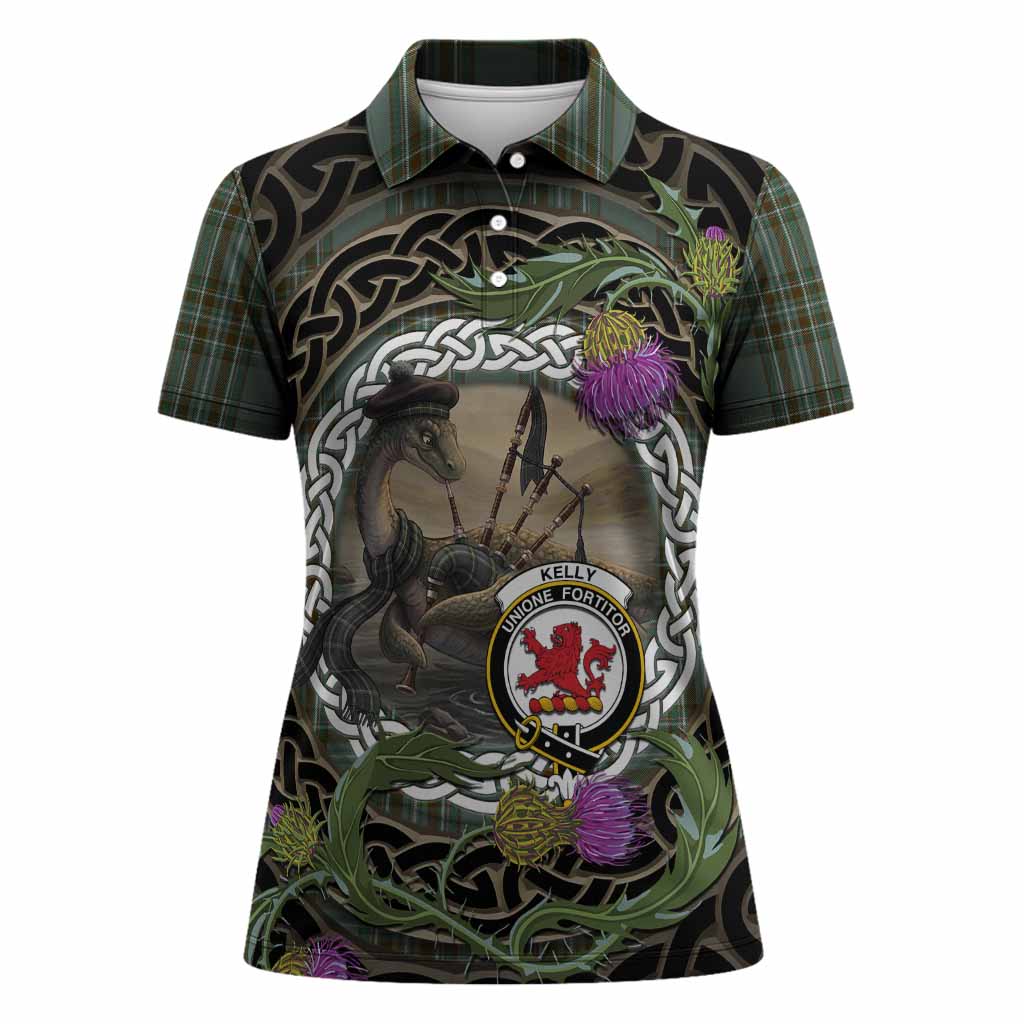 Kelly Tartan Crest Bagpipe Nessie Women Polo Shirt Scottish Loch Ness Monster Celtic Thistle