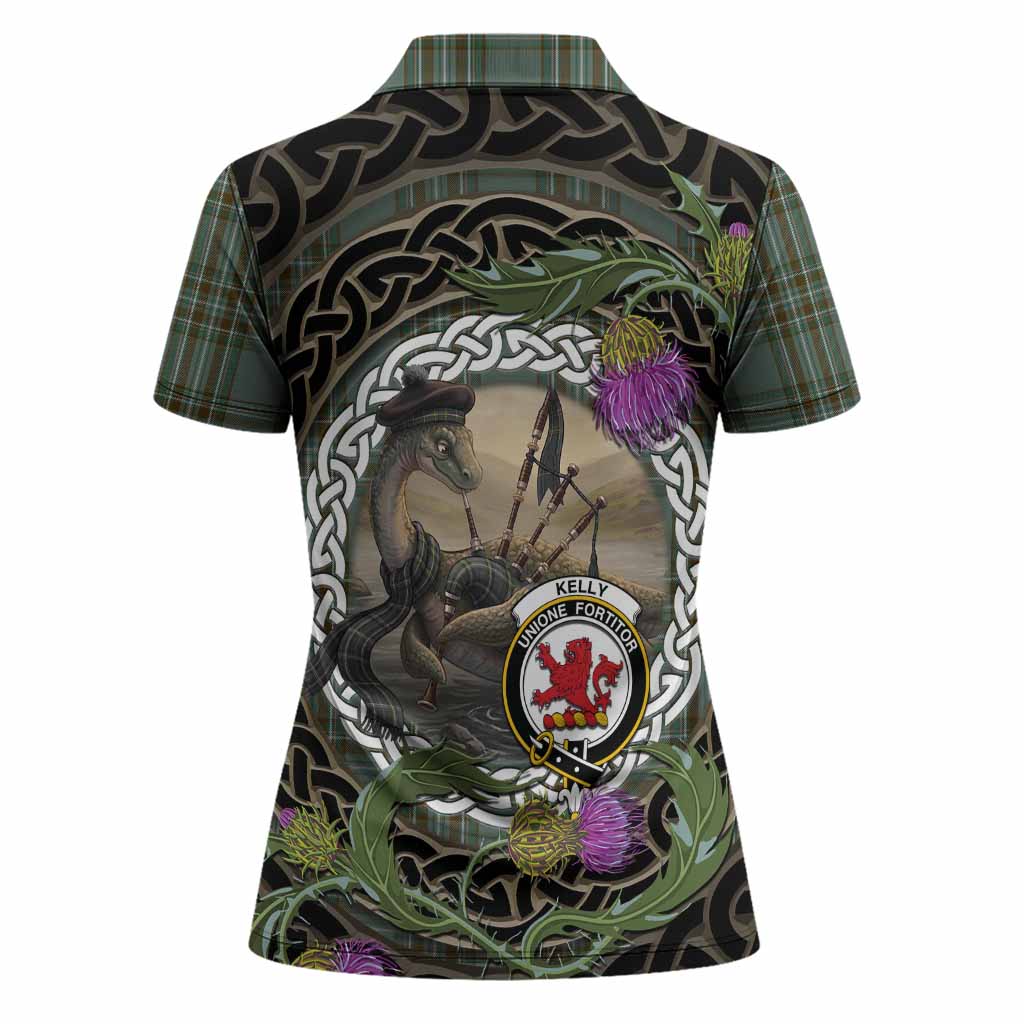 Kelly Tartan Crest Bagpipe Nessie Women Polo Shirt Scottish Loch Ness Monster Celtic Thistle