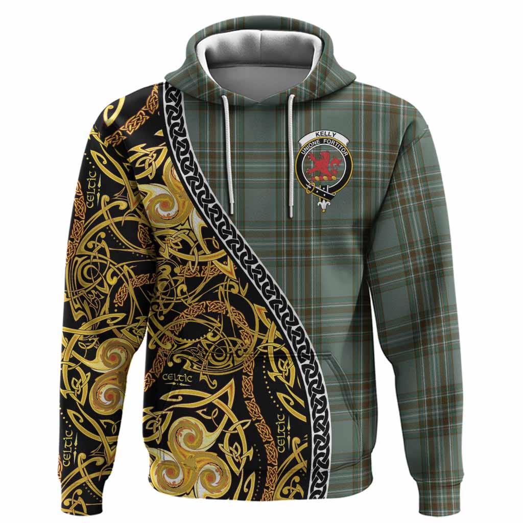 Kelly Tartan Crest Hoodie Celtic Knot and Triple Trickle Spiral Symbols