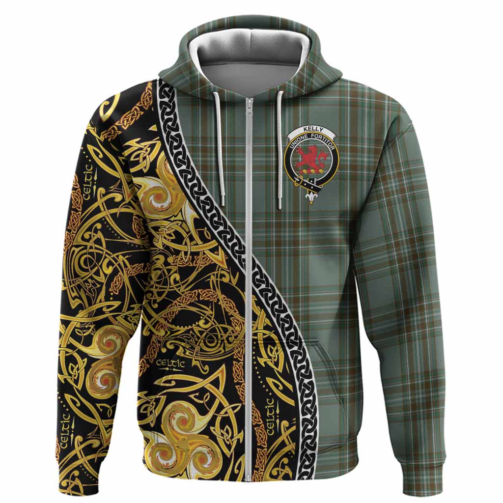 Kelly Tartan Crest Hoodie Celtic Knot and Triple Trickle Spiral Symbols