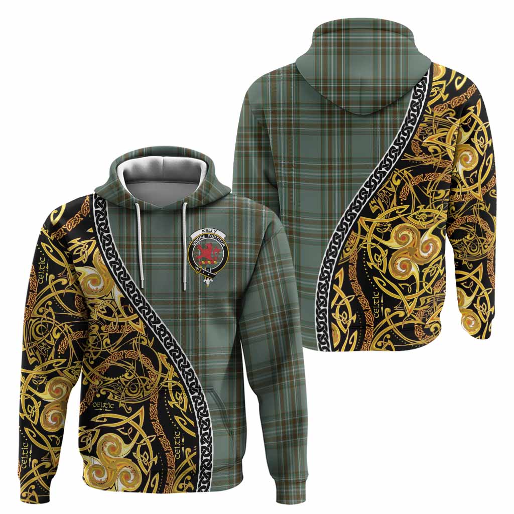 Kelly Tartan Crest Hoodie Celtic Knot and Triple Trickle Spiral Symbols