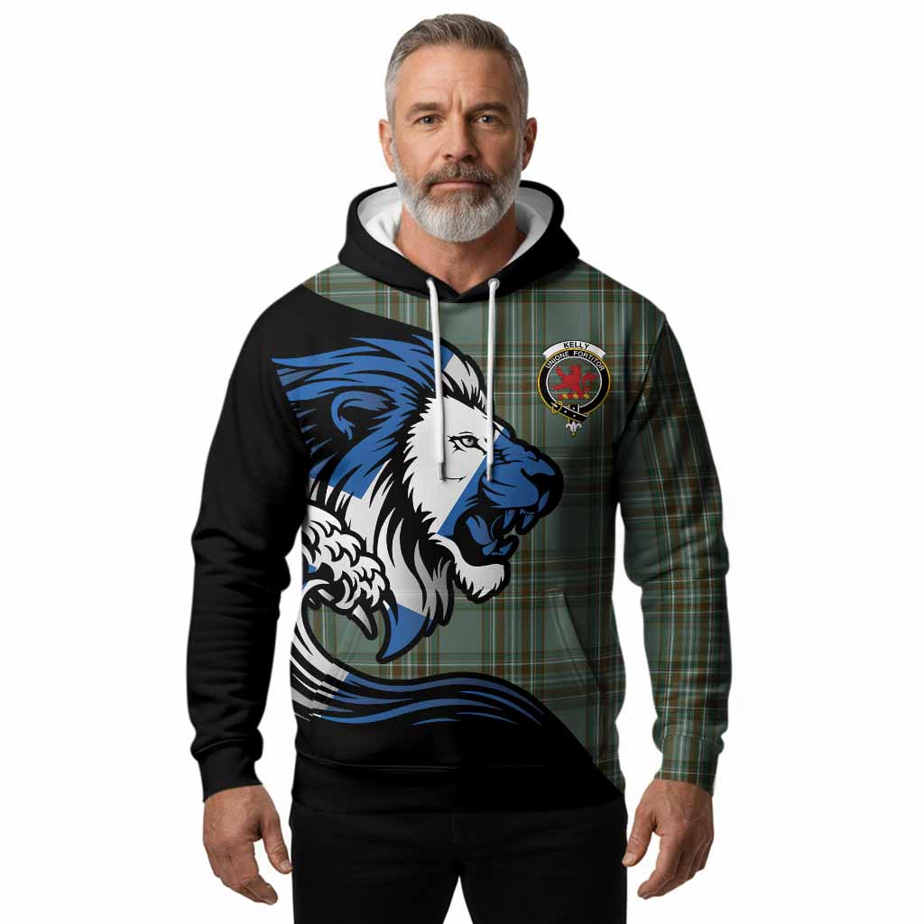 Kelly Tartan Crest Hoodie Scottish Golden Lions Wave Flow