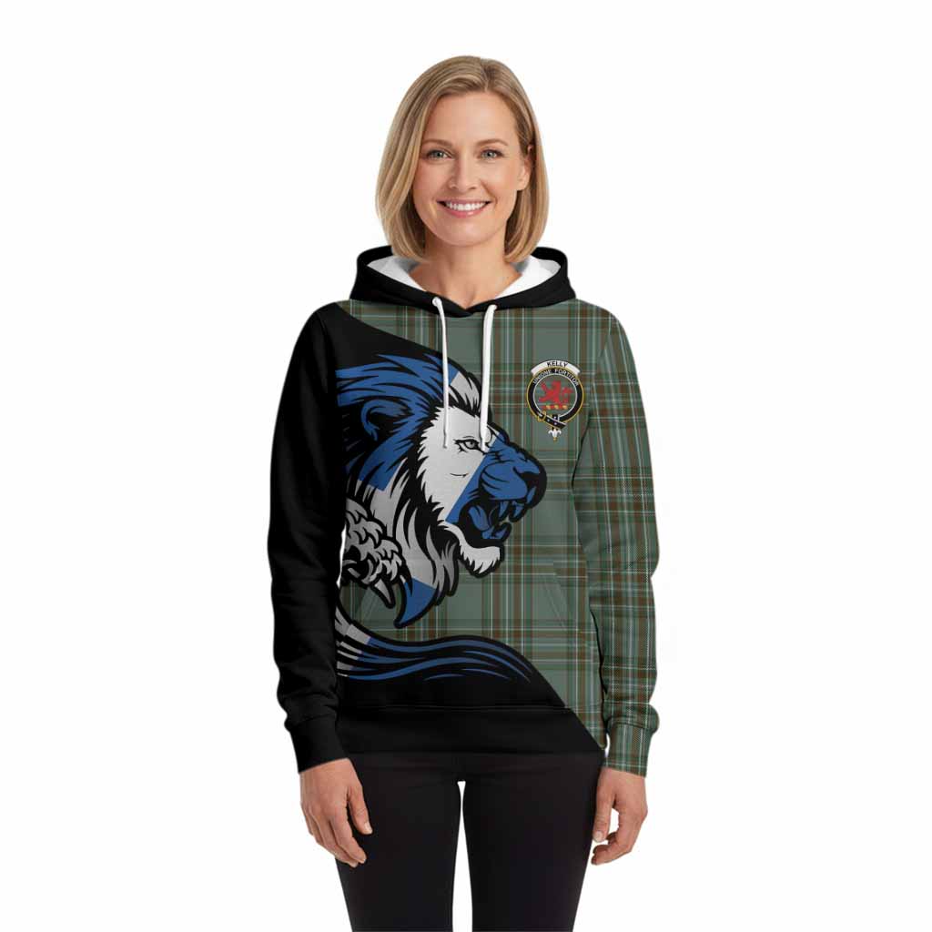 Kelly Tartan Crest Hoodie Scottish Golden Lions Wave Flow