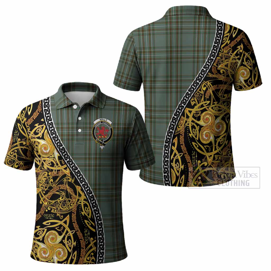 Kelly Tartan Crest Polo Shirt Celtic Knot and Triple Trickle Spiral Symbols