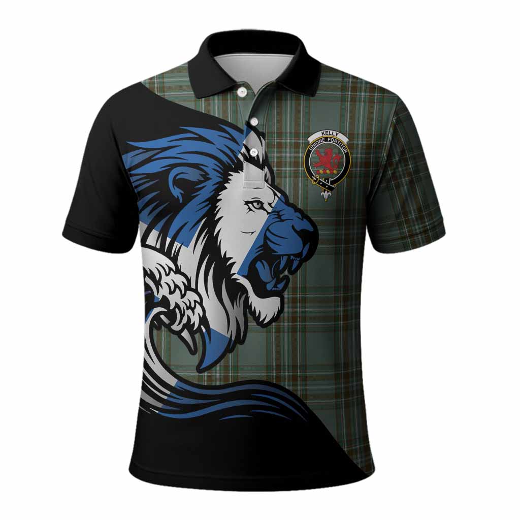 Kelly Tartan Crest Polo Shirt Scottish Golden Lions Wave Flow
