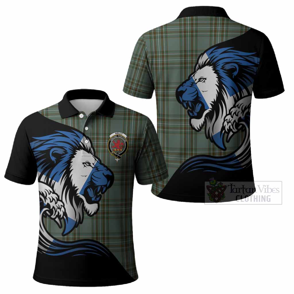 Kelly Tartan Crest Polo Shirt Scottish Golden Lions Wave Flow