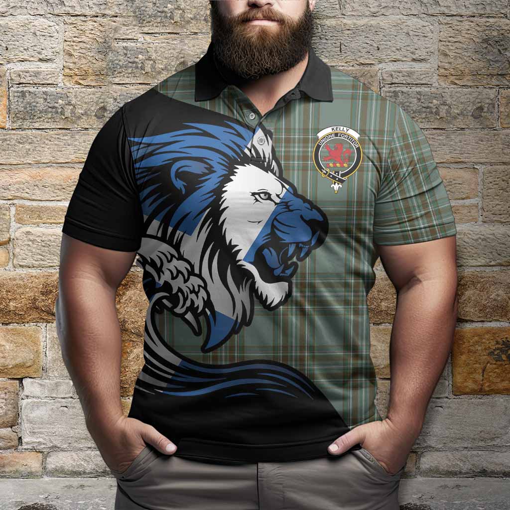 Kelly Tartan Crest Polo Shirt Scottish Golden Lions Wave Flow