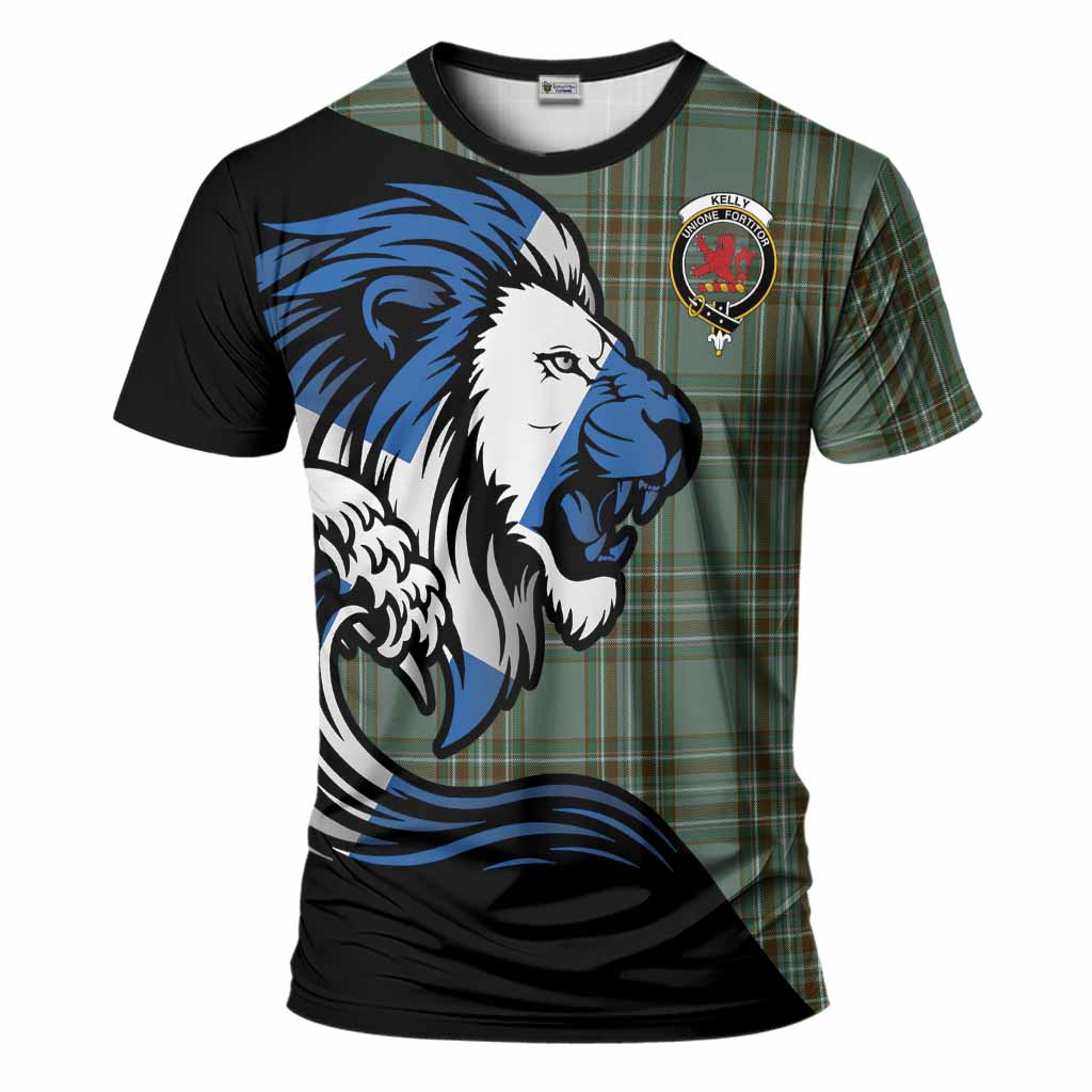 Kelly Tartan Crest T-Shirt Scottish Golden Lions Wave Flow