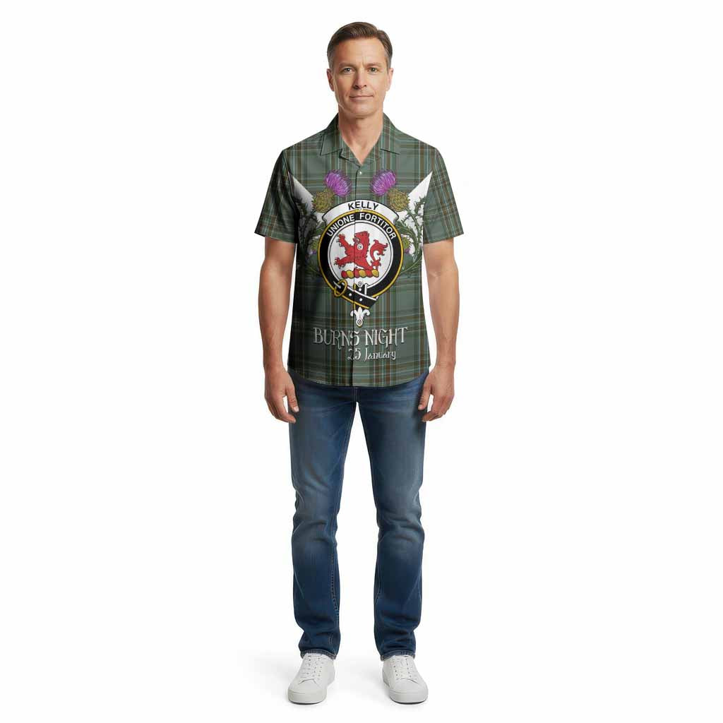 Kelly Tartan Family Crest Cotton Hawaiian Shirt Scottish Burns Night Thistle Floral